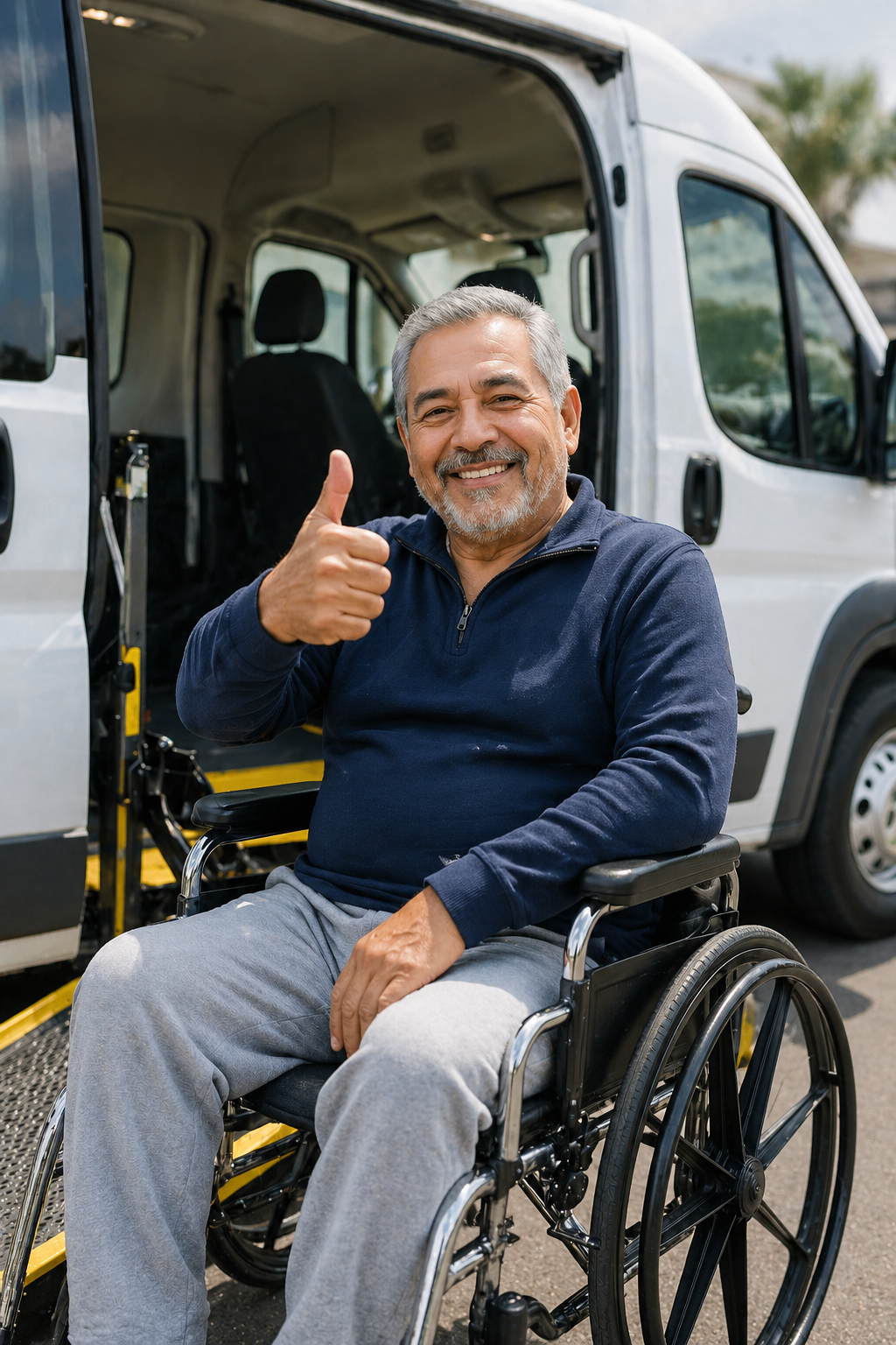 Smiling senior man giving a thumbs-up in a wheelchair next to an ADA accessible non-emergency medical transport van.